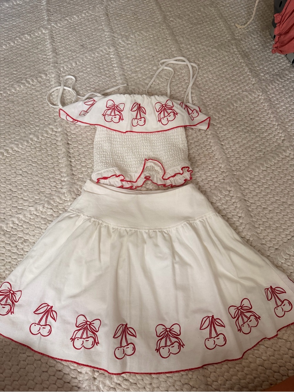 White & Red Cherry Embroidered Two-Piece Set - Women